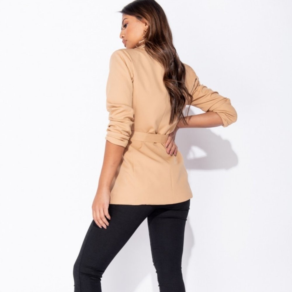 Camel Long Sleeve Double Breasted Blazer Jacket - Picture 4 of 8